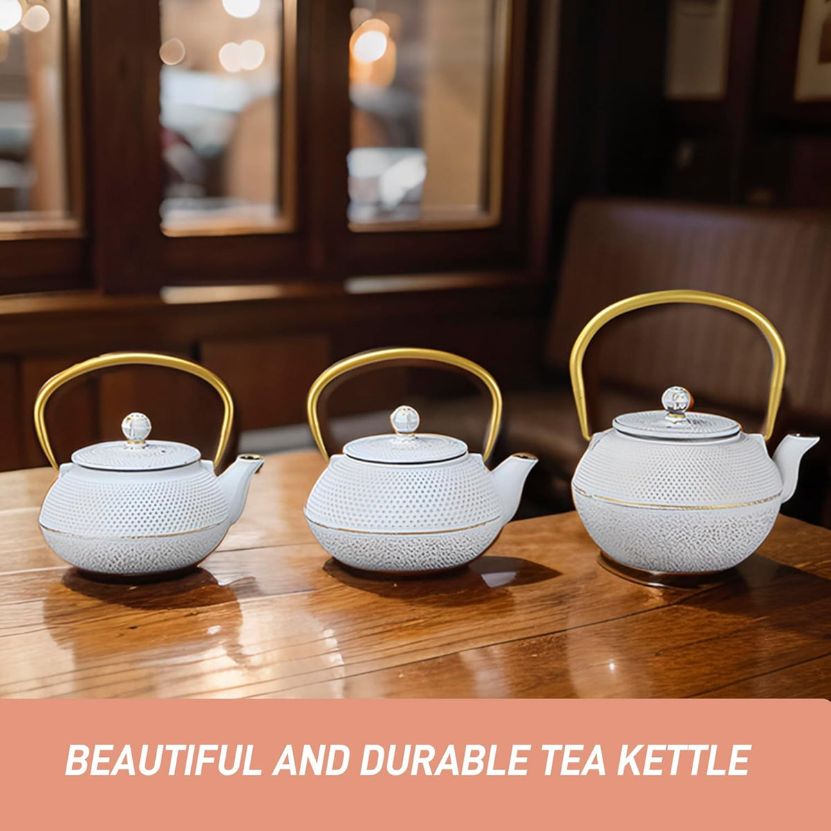Japanese Tetsubin Cast Iron Teapot Tea Kettle pot with Stainless Steel Infuser for Stovetop Safe Coated with Enameled Interior (White, 1200ml)