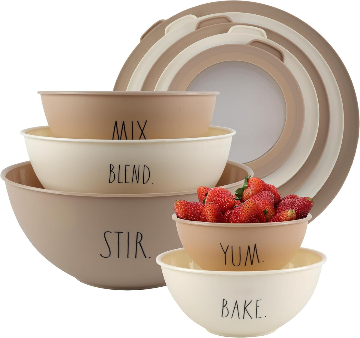 Rae Dunn Mixing Bowls with Lids - 10 Piece Plastic Nesting Bowls Set includes 5 Prep Bowls and 5 Lids (Brown)