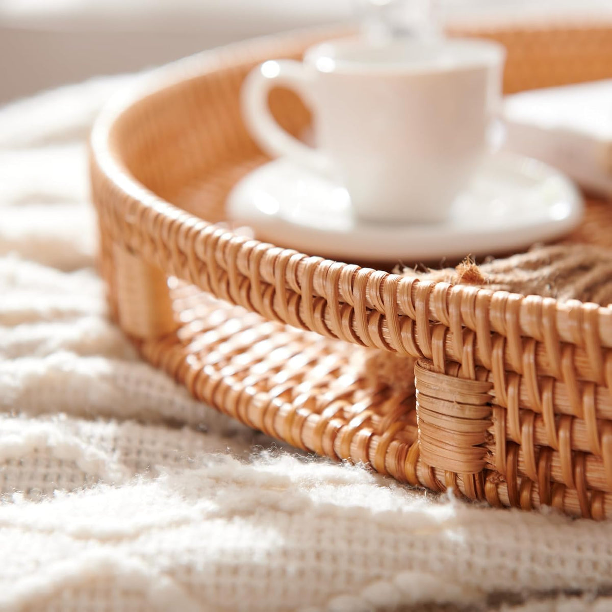 Rattan Large Serving Tray, Wicker Round Fruit/Bread Serving Basket, Extra Large Decorative Ottoman Tray for Living Room, Coffee Table, Breakfast, 16.9 inch