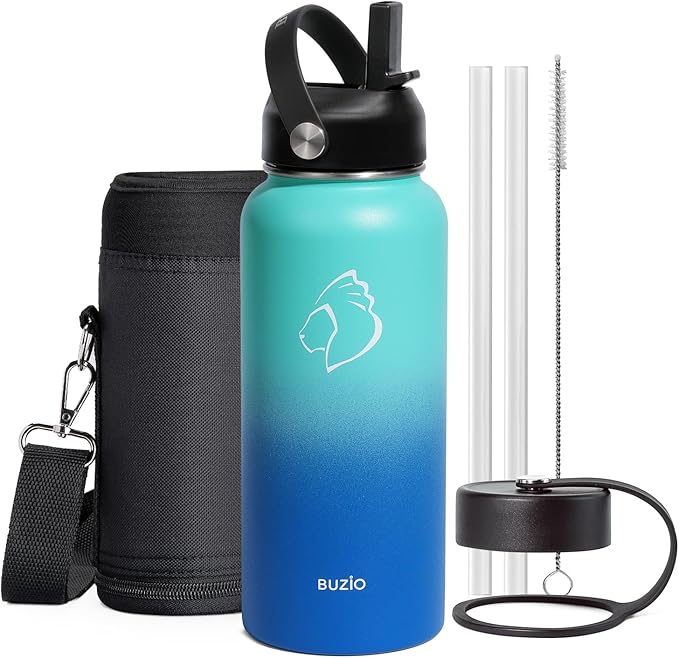 BUZIO Stainless Steel Water Bottle (Cold for 48 Hrs, Hot for 24 Hrs), 32 oz Vacuum Insulated Water Bottle with Straw Lid and Flex Cap (Double Wall, Wide Mouth, BPA Free, Leak Proof), Caribbean Blue