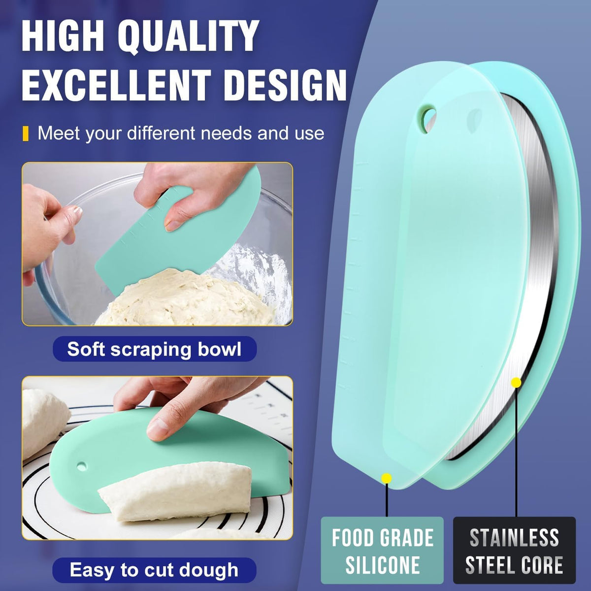 Walfos Dough Scraper Set of 3, Flexible Silicone Bowl Spatula, Kitchen Plastic Bench Dough Scraper Tool for Bread Dough, Sourdough, Cake, Fondant Icing, Blue & Teal/Aqua…