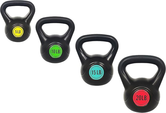 Wide Grip 3-Piece Kettlebell Exercise Fitness Weight Set, Include 5 lbs, 10 lbs, 15 lbs and 20 lbs, Set of 3 or Set of 4