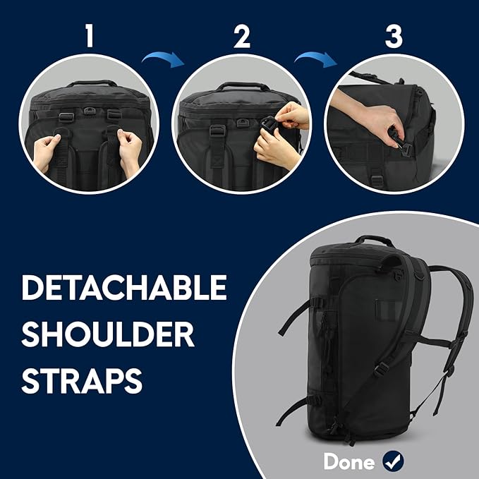 Haimont Duffle Backpack for Men Women, Convertible Travel Duffel Bag Backpack with Shoes Compartment, Heavy Duty Weekender Bags for Sports Gym, Traveling, Camping, Water-resistant, 60L, Black