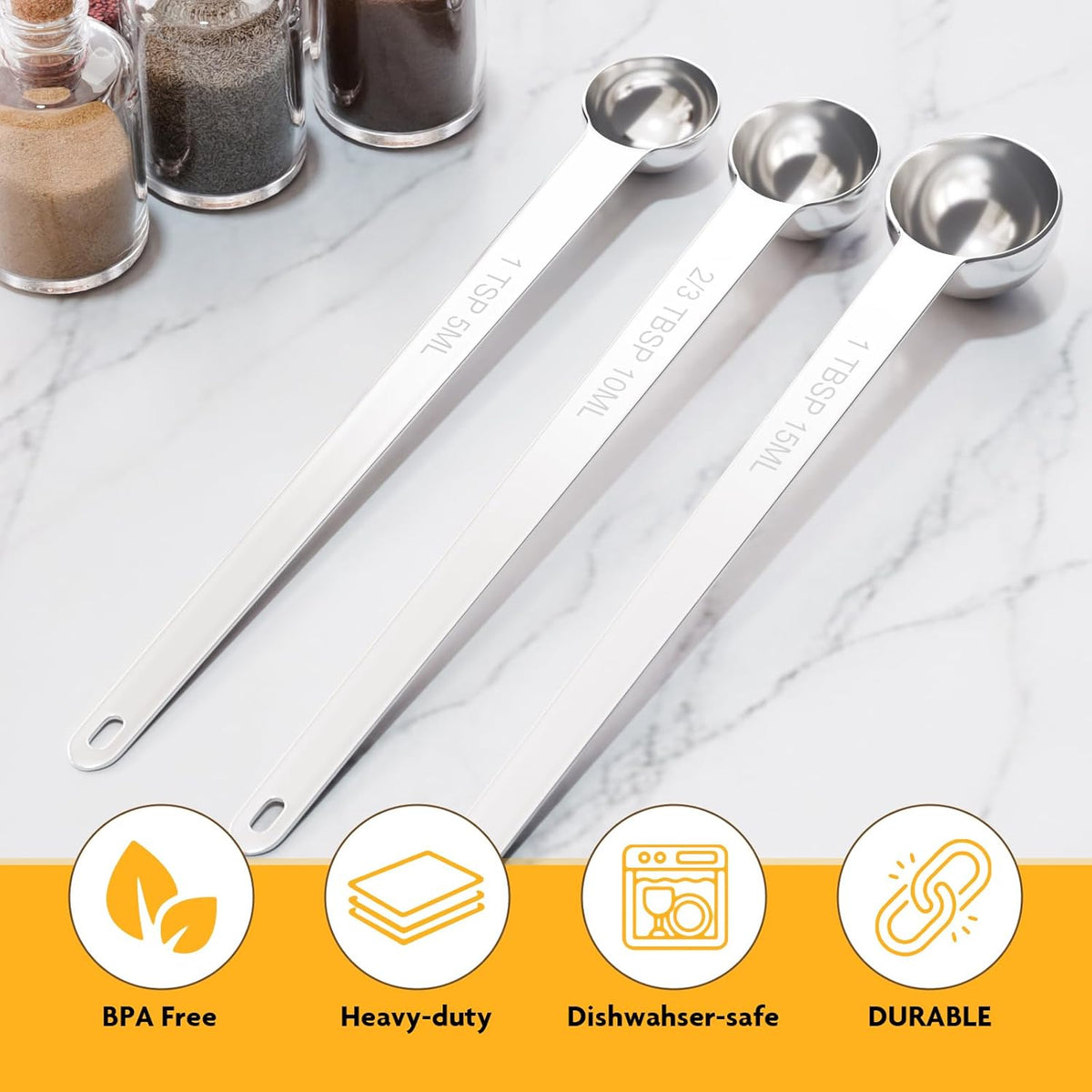 2PCS 2/3Tbsp(2tsp, 10ml) Extra Long Handle Measuring Spoon, Single Stainless Steel Individual Measure Scoop Only