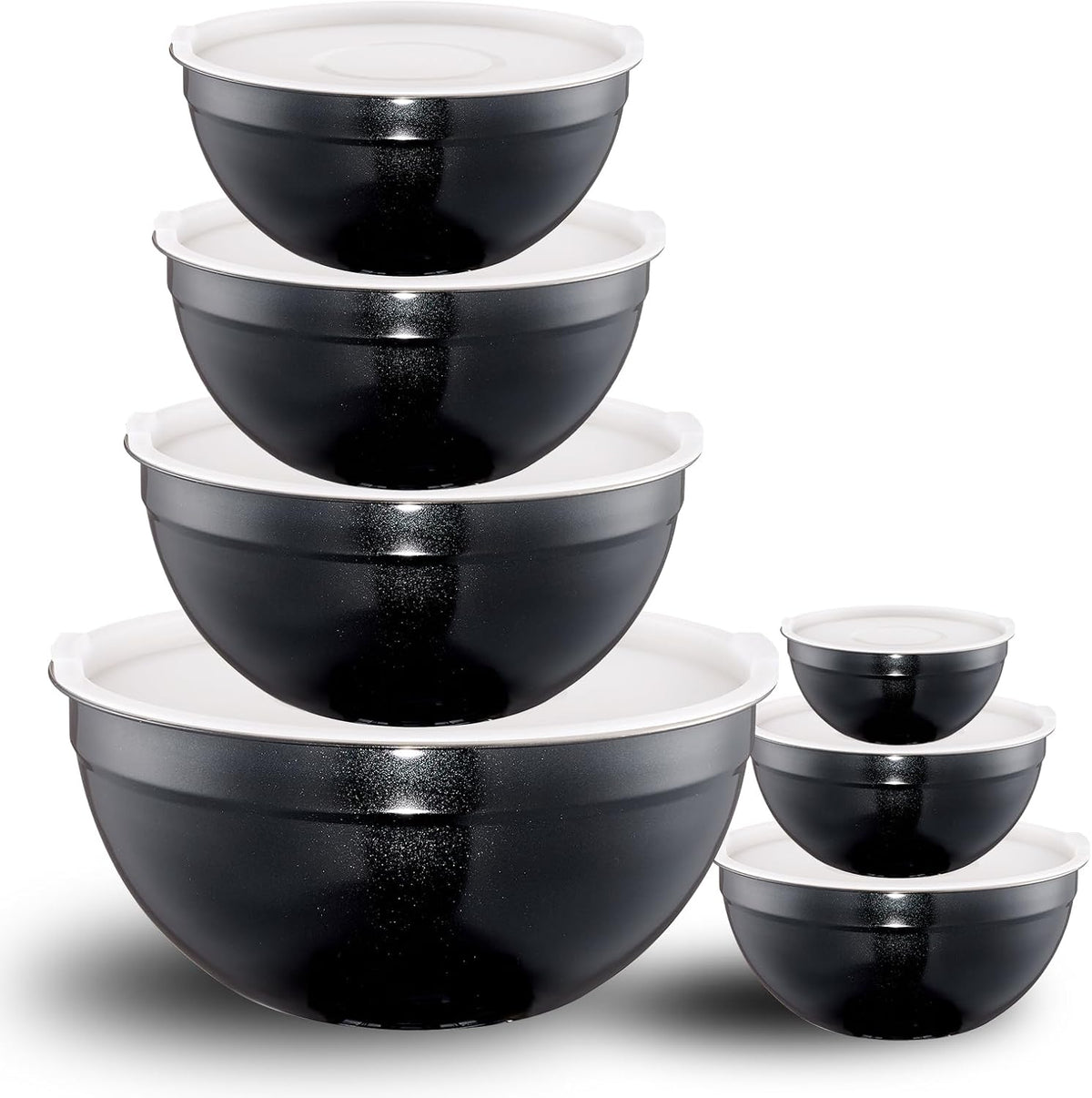 Black Mixing Bowls with Lids Set of 7, Stainless Steel Nesting Bowl with Khaki Lid for Non-slip Mixing Prepping Storing Serving, 7 Sizes-7/3.6/2.7/2.1/1.5/1/0.8 QT