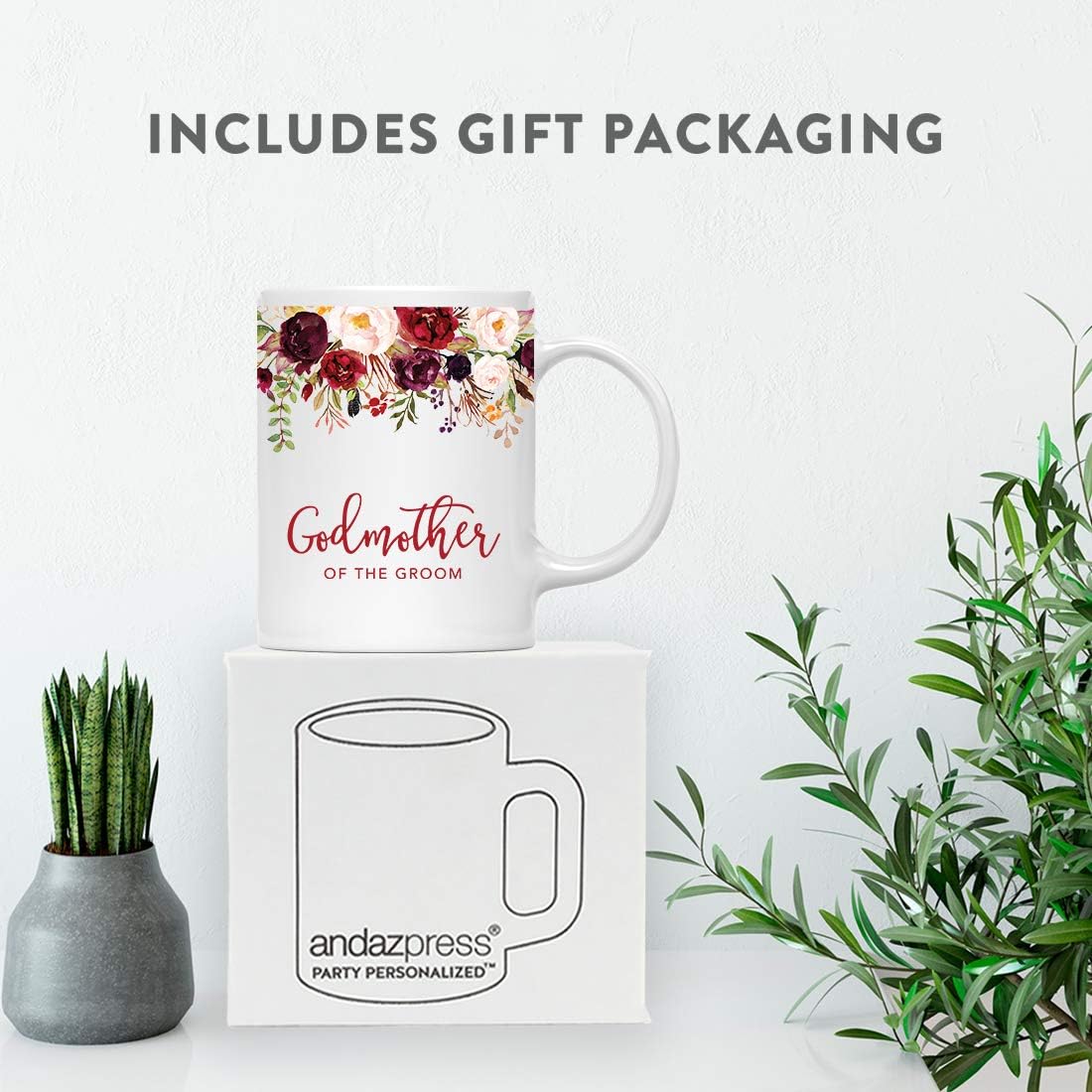 Andaz Press 11oz. Wedding Ceramic Coffee Tea Mug Gift, Fall Autumn Marsala Burgundy Flowers Roses Florals, Godmother of the Groom, 1-Pack, Includes Gift Box
