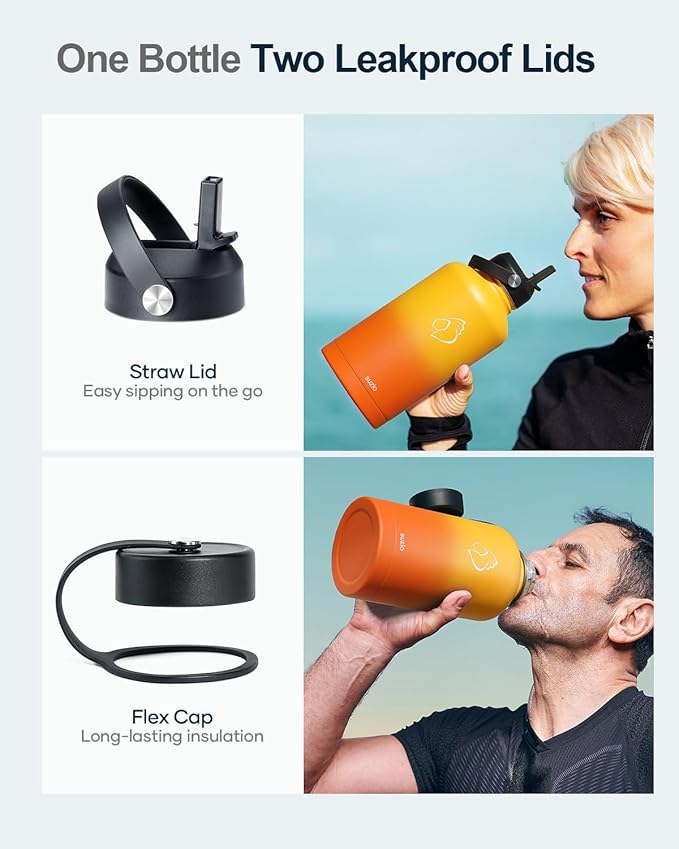 BUZIO 64oz Water Bottle, (Cold for 48 Hrs) Triple Wall Insulated Stainless Steel Leakproof Half gallon Jug/Flask with Straw Lid and Carry Bag for Sports Hiking, Camping, Yellow Orange