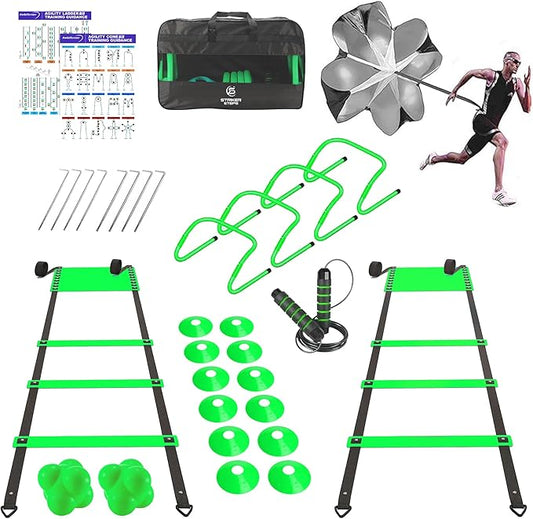 Agility Ladder Speed Training Equipment Set-2x 20ft Agility Ladder,12 Soccer Cones,4 Adjustable Hurdles, Jump Rope, Running Parachute| Basketball Football Soccer Training Equipment for Kids Adults