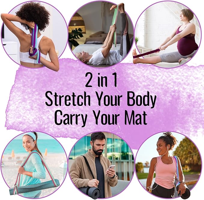 TECEUM Yoga Strap & Mat Strap – 2 IN 1 – Cotton – 6 ft 8 ft 10 ft (30+ colors) – Adjustable Non-Slip Belt for Yoga, Pilates, Stretching, Physical Therapy, Fitness & Home Workout – For Carrying Mats