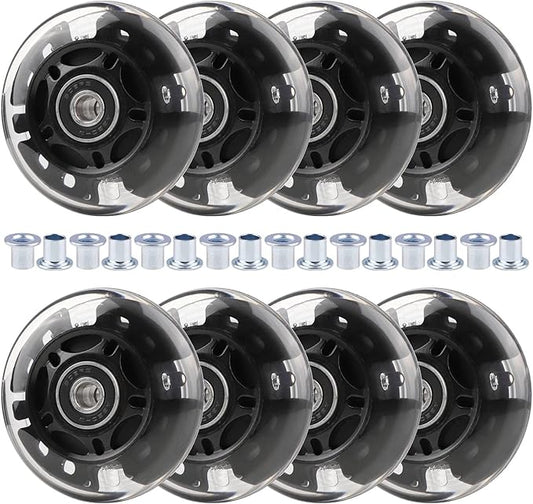 8pcs Inline Skate Wheels Led Light-Up Wheels 64/70/72/76/80mm w/Bushings 85-88A for Kids and Youth Beginners Children's Inline Skates Indoor/Outdoor Use (Black, 70mm)