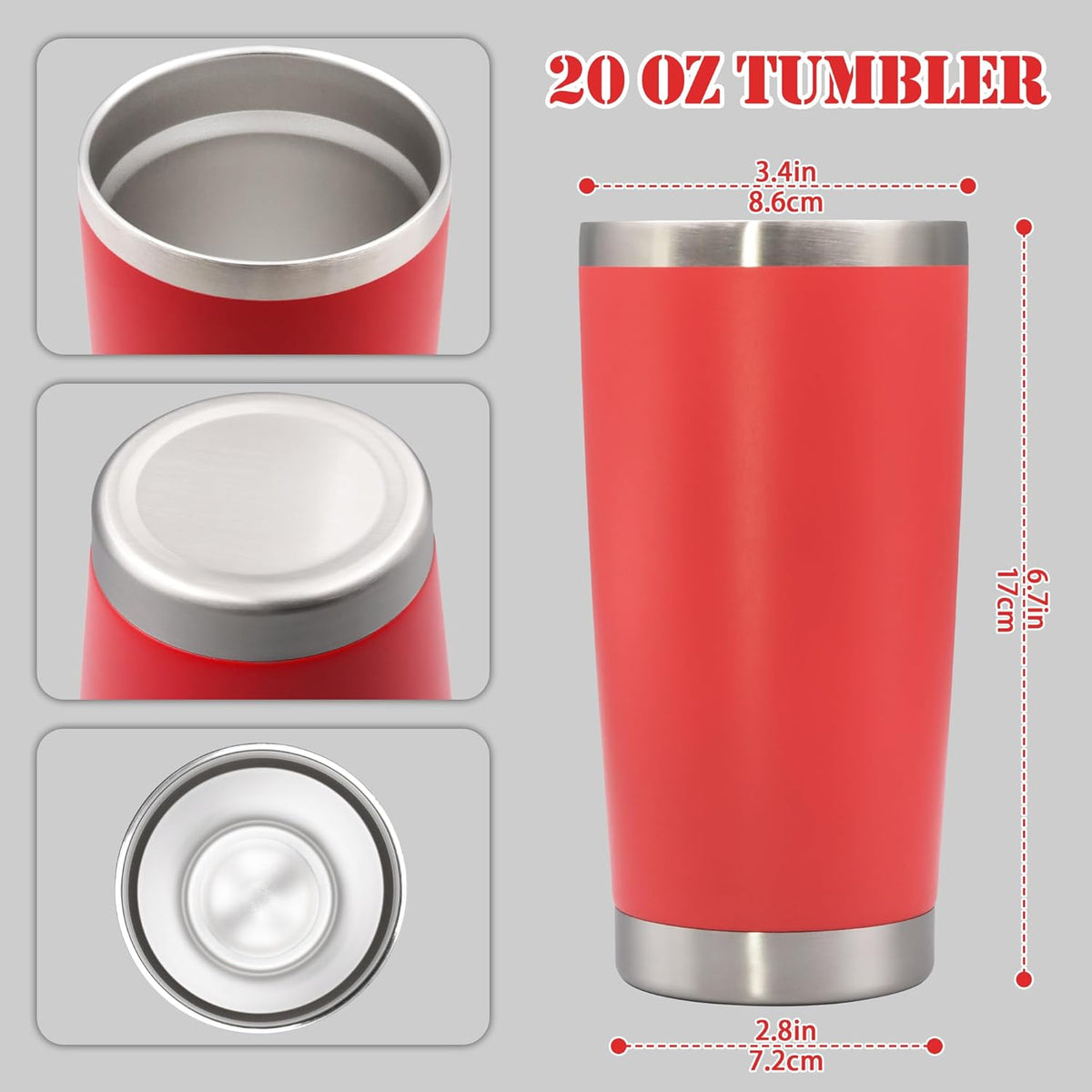 20 oz Tumbler with lid Double Wall Vacuum Insulated Tumblers Stainless Steel Coffee Mug Travel Coffee Tumbler Powder Coated Tumbler Cup Keep Hot&Cold - (Red 12 Pack)