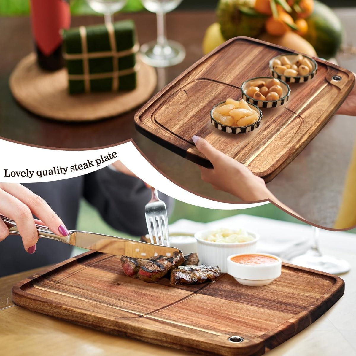 Uiifan 6 Pcs Steak Plates with Juice Channel Wooden Steak Board Set Acacia Cutting Serving Board for Home Serving Eating Meat Dishes Snack Dessert, 13 x 11 x 0.6 Inch