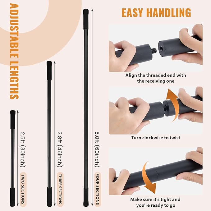 Yoga Stick 5ft Mobility Stick, Sturdy Steel Exercise Bar Adjustable Stretching Stick for Mobility, Training, Flexibility and Balance, Versatile Stretch Bar with 4 Steel Rods & Foam Handles