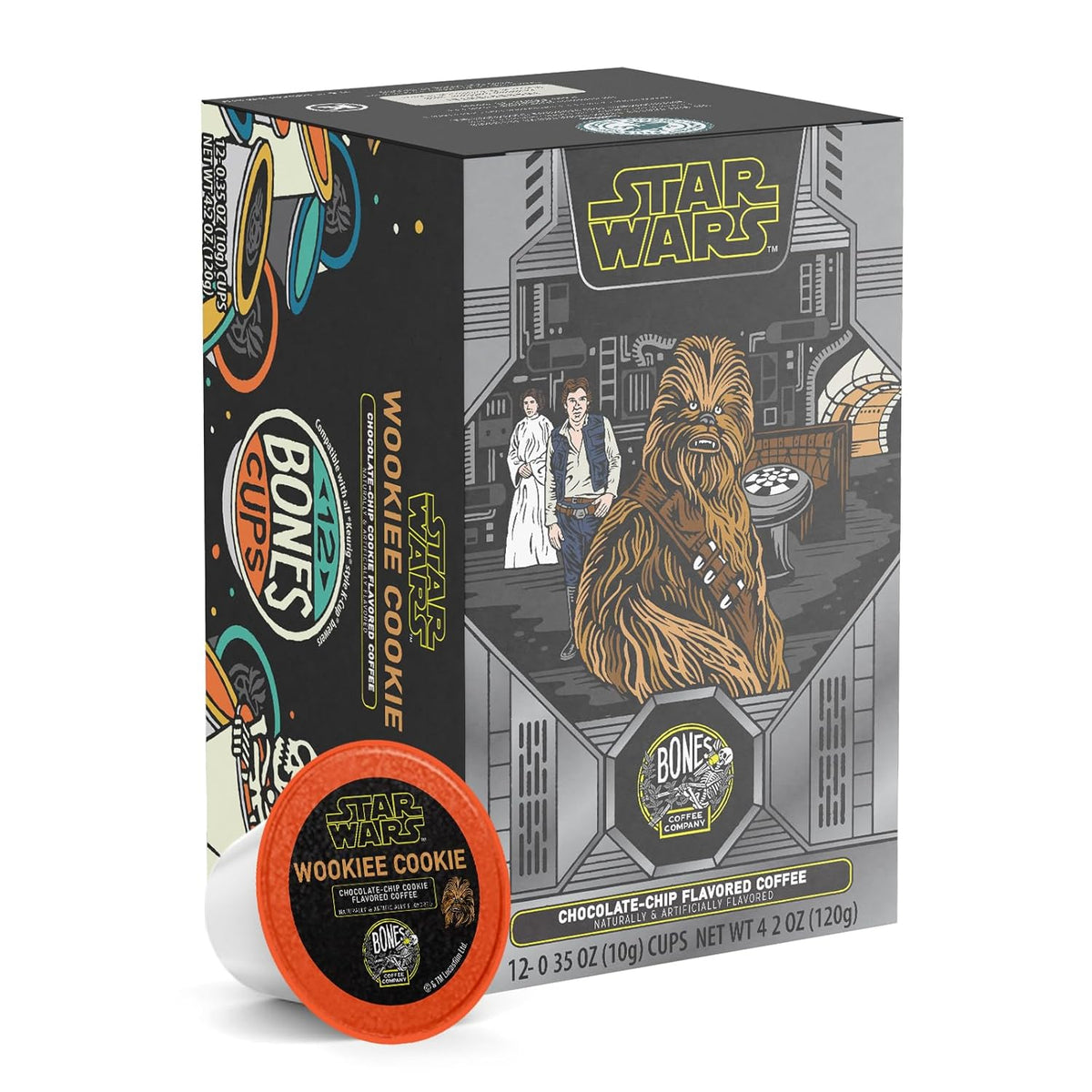 Bones Coffee Company Star Wars Wookiee Cookie, Chocolate Chip Cookie Flavored Coffee Pods, Low Acid Medium Roast Single-Serve Bones Cups For 1.0 & 2.0 Capsule Brewers Coffee Maker, 12 Count