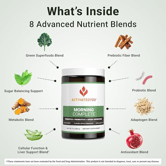 ACTIVATEDYOU Morning Complete Daily Wellness Greens Superfood Drink Mix for Gut Health w/Prebiotics, Probiotics, Antioxidants, Green Superfoods, 10 Billion CFUs (3 Pack, Apple Cinnamon)