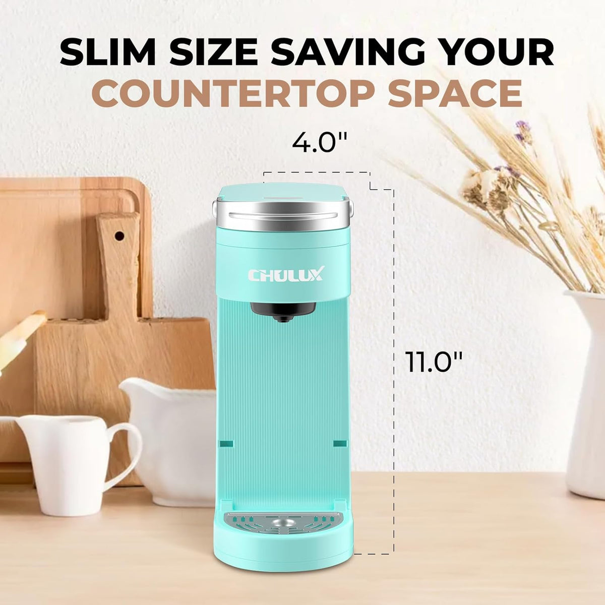 CHULUX Slim Single Serve Coffee Maker for K Cup, Mini Travel One Cup Coffee Machine for Home, Desk, Kitchen and Bedroom, Fits Travel Mug, Cyan