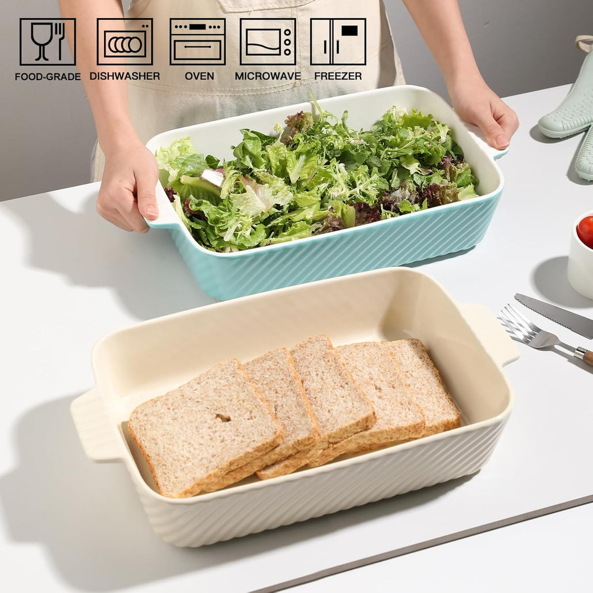 Sweejar Ceramic 13 x 9 Baking Pan, Cake Baking Dish for Brownie, Porcelain Striped Casserole Dishes for Oven with Handle for Lasagna, Family Dinner(Turquoise)