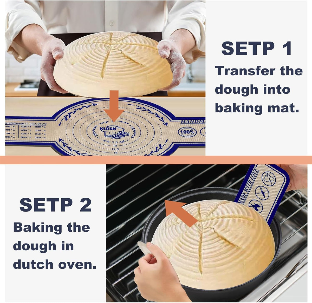 Silicone Bread Sling for Dutch Oven, 2 Pack (8" & 10" Round) – Non-Stick & 500°F Heat Resistant Sourdough Mat, Easy to Clean, Reusable Food-Grade Sourdough Slings - Fits 5–7 qt Dutch Ovens