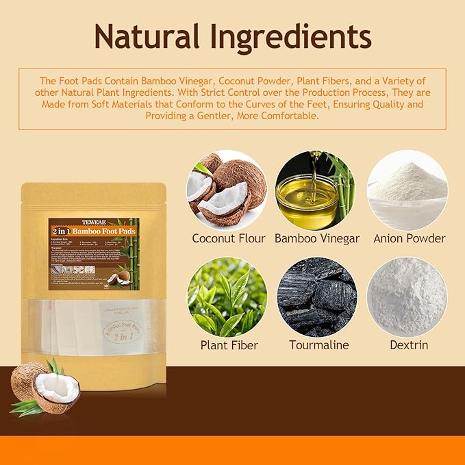 2 in 1 Foot Pads, 64 Pads Bamboo Vinegar Coconut Shell Powder Foot Pads with ''Stay in Place'' Bigger Adhesive Sheet