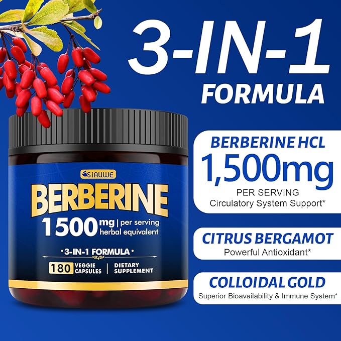 Berberine Supplement, High Strength Berberine 1500MG, 180 Caps - Plus Citrus Bergamot, Berberine HCI Root Supplements - Metabolic, AMPK Support Healthy Weight Management - Vegan, Organic, Non-GMO