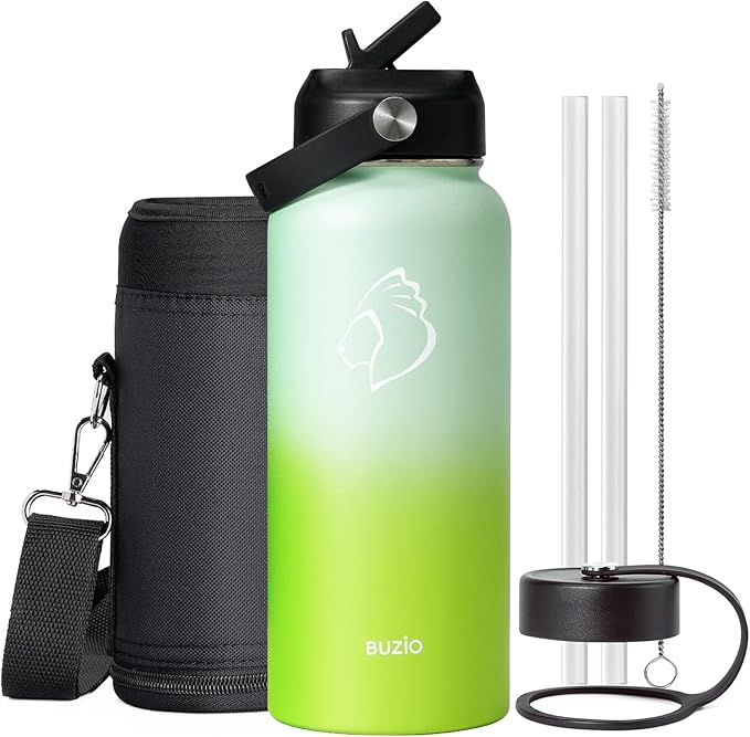 BUZIO 32oz Insulated Water Bottle, Triple Wall Vacuum Stainless Steel Water Flask with Straw Lid, BPA-Free Leakproof Sports Canteen for Sports Hiking, Cold 48H & Hot 24H- Gradient Green