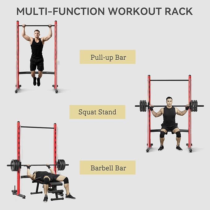Soozier Squat Rack with Pull-Up Bar, Adjustable Power Rack with Barbell Bar, Multi-Functional Bench Press Rack for Home Gym Strength Training