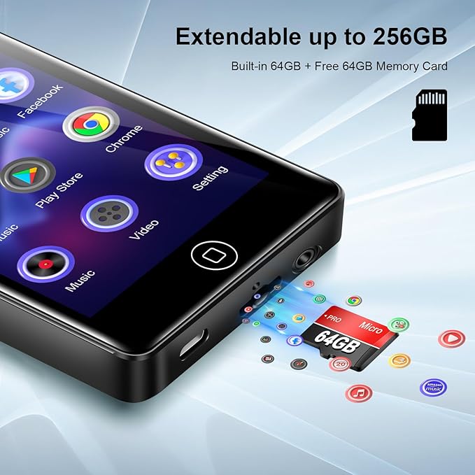 128GB MP3 Player with Bluetooth and WiFi, Android 14, 4GB RAM Portable HiFi Lossless, MP3 & MP4 Player for Kids with 4" Touchscreen, Music Player with Spotify, Amazon Music, Pandora, Play Store, Black