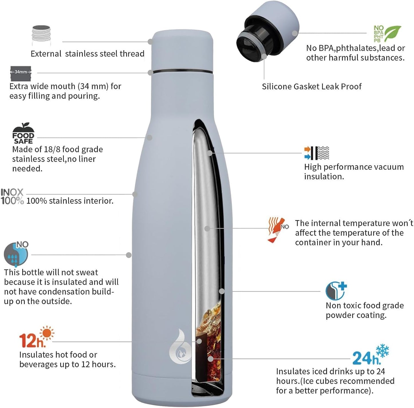 BJPKPK Insulated Water Bottle 17oz Stainless Steel Water Bottles Dishwasher Safe Metal Thermos Keep Cold and Hot,Mist Grey