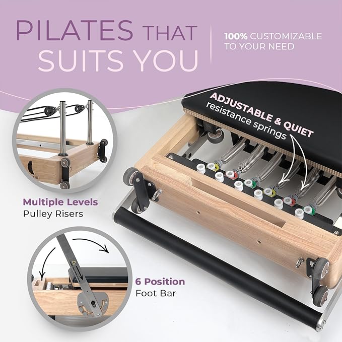 Airlithe Foldable Pilates Reformer Machine|Wooden Frame Reformer Machine with Strings, Versatile Accessories & 50+ Expert-Guided Workouts|Equipment for Strength Training, Rehabilitation, & Flexibility