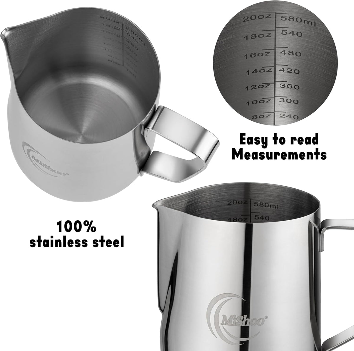 MiShoo® Milk Frothing Pitcher, 12oz Steaming Pitcher 304 Stainless Steel Espresso Machine Accessories for Coffee Bar, Cappuccino Barista Tools Milk Jug Steamer Frother Cup with Latte Art Pen
