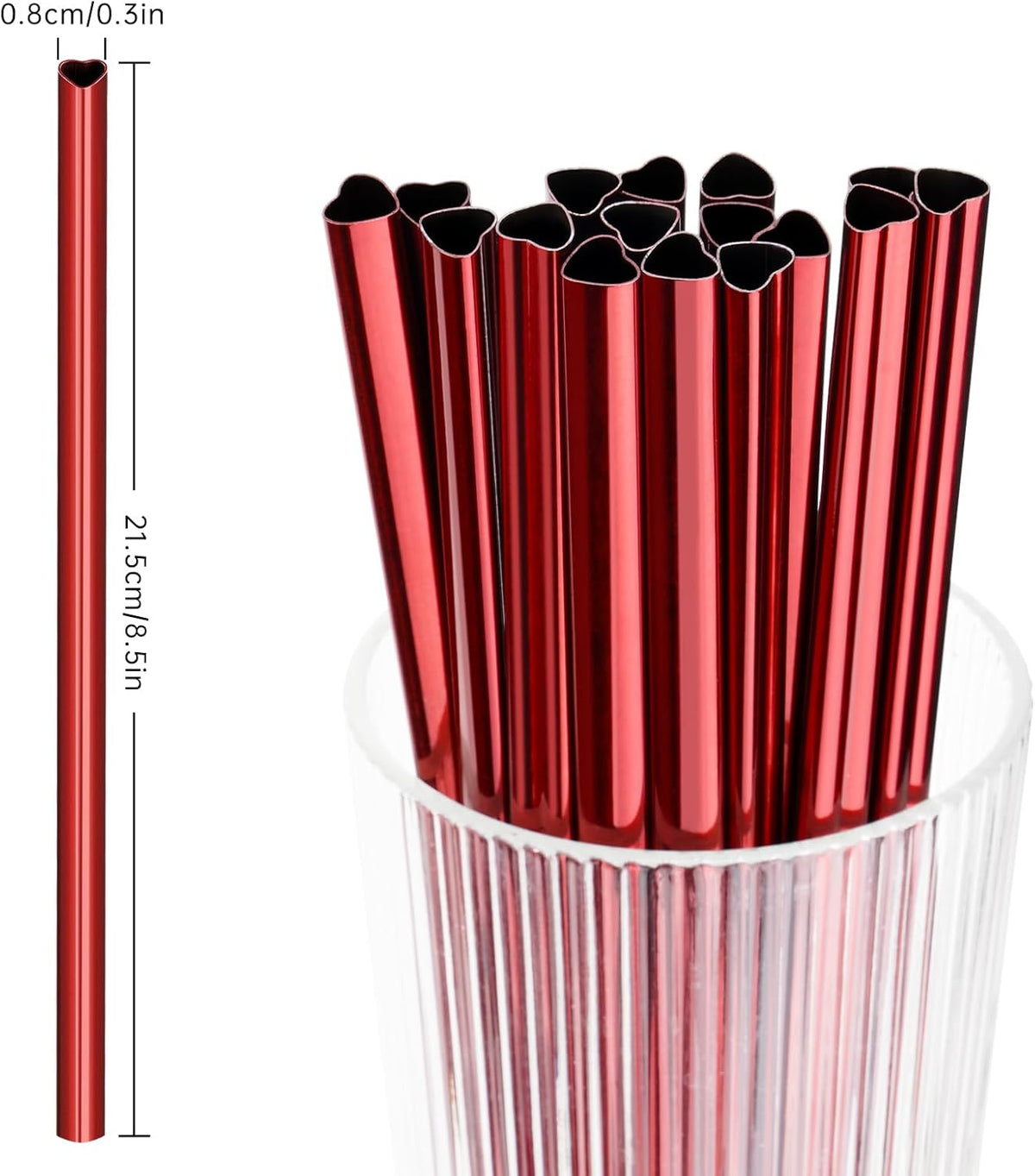 NiHome 16-Pack Heart-Shaped Stainless Steel Drinking Straws with 2 Cleaning Brushes, 8.5" Long Reusable Straws for Stanley Tumbler 14oz, Dishwasher Safe, Safe Edges for Kids (Pearl Red)