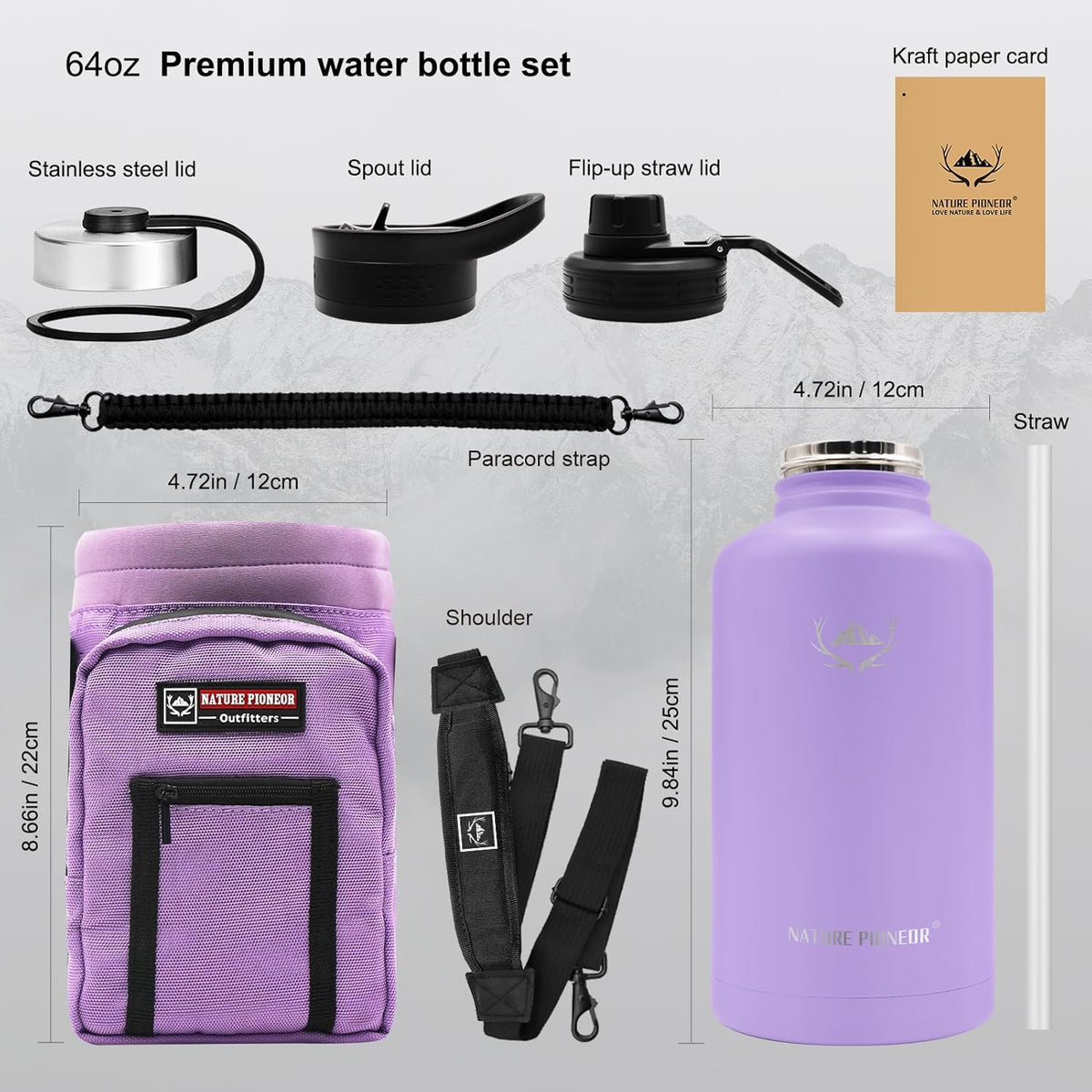NATURE PIONEOR Insulated Water Bottles with Straw - 64oz Stainless Steel Vacuum Bottle with Holder/Carrier/Sleeve - Reusable 18/8 Food Grade Half Gallon Water Jug