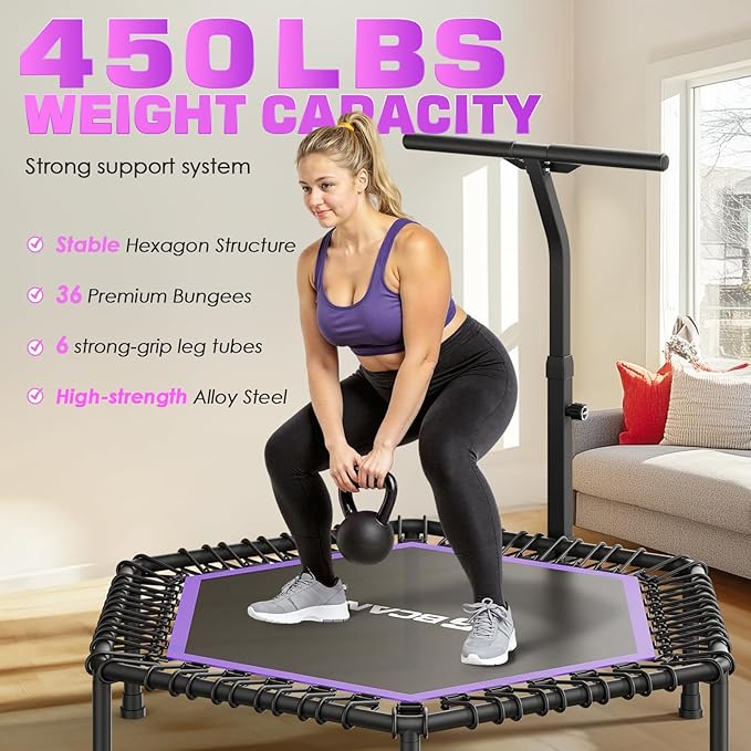 BCAN 51" Mini Hexagon Trampoline, Max Load 450 LBS Fitness Trampoline with T-Adjustable Handle Bar, Silent Bungees, Larger, More Stable, Quieter Exercise Rebounder for Adults Indoor/Garden Workout