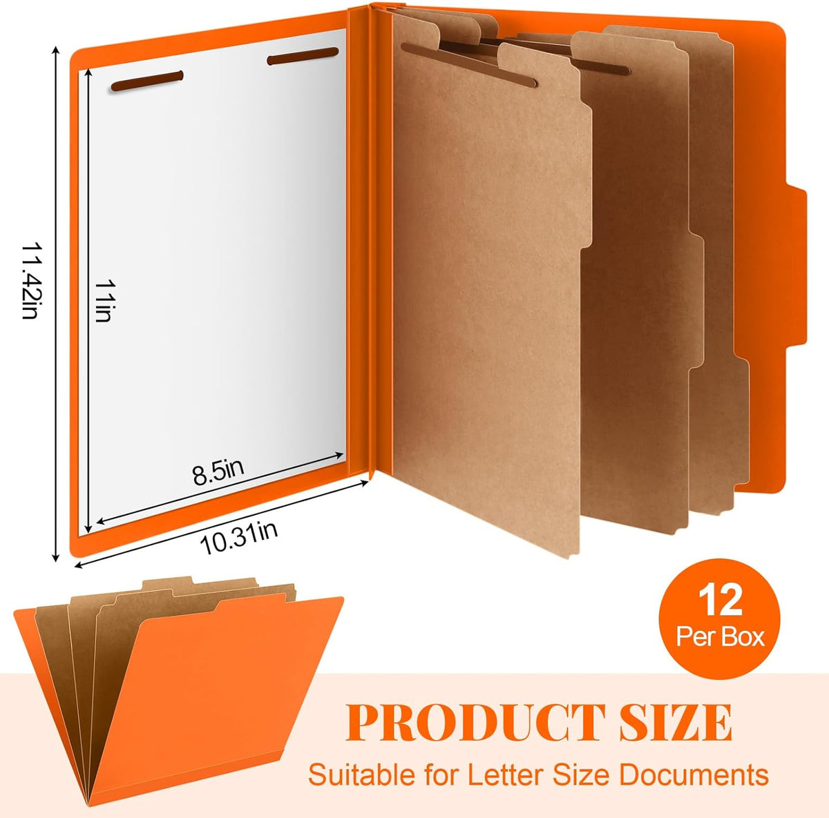 12 Pcs Classification Folders Letter Size, Back to School Supply for Teacher, Student, 3 Dividers Pressboard File Folder Bulk with 2 Fasteners, 3.5 Inch Expanding File Organizer (Orange)