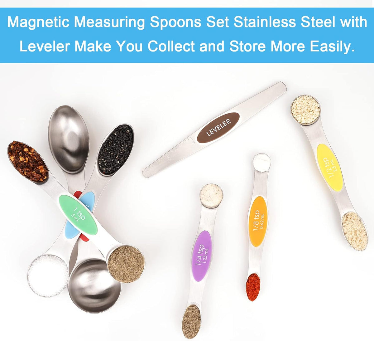 Aovchei 7 PCS Magnetic Measuring Spoons Set, Dual Sided, Stainless Steel Small Tablespoon, Teaspoons, Fits in Spice Jars, for Dry and Liquid, MultiColor