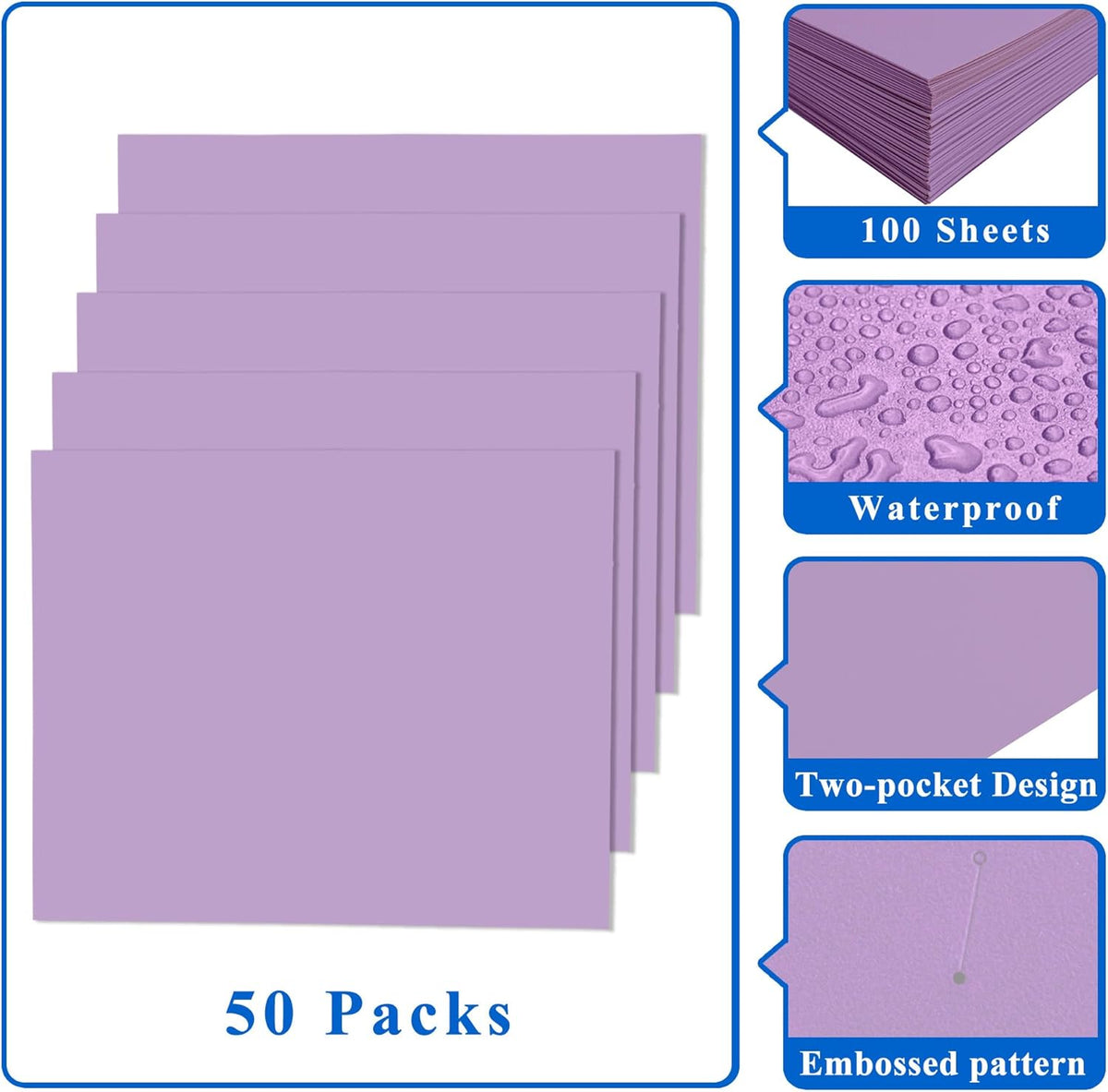 Zzrywuty File Folders with Pockets Letter Size, 50-Pack Paper Folders with Card Slot, Two Pocket Folders for School Students, Businessmen, Home and Office Workers（Purple）