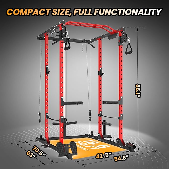 GaveeLife Power Cage, 2000 LBS Power Rack with Cable Cross-Over System, Multi-Functional Strength Training Squat Rack with LAT Pull Down System, Home Gym Equipment with Training Attachment, Red