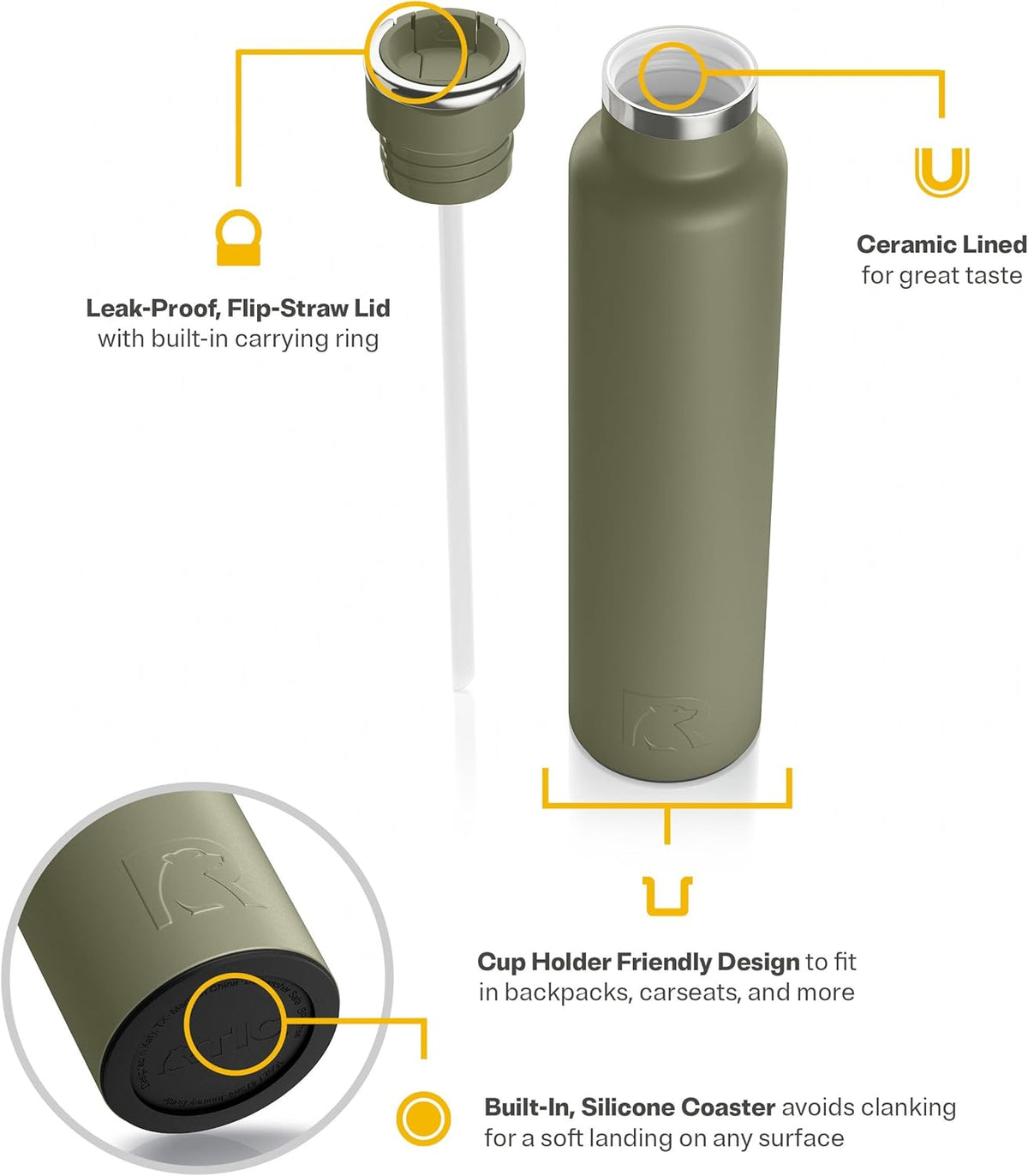 RTIC 26oz Journey Bottle Metal Stainless Steel Vacuum Insulated, BPA Free, Reusable, for Water, Hot and Cold Drinks, Travel, Sports, Camping, Olive