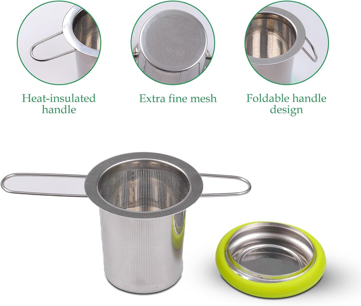Fenshine Tea Infuser Stainless Steel Tea Strainer Folding Handle Tea Filter Extra Fine Mesh Strainer Brewing Basket with Lid for Loose Leaf Tea (Green)