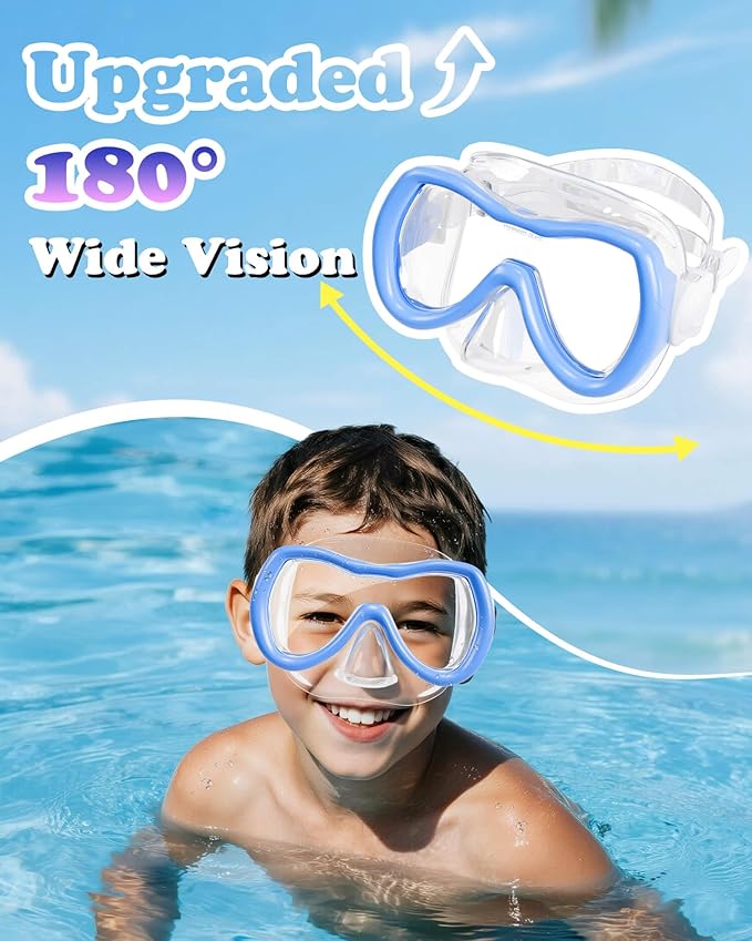 Aegend Kids Swim Mask Goggles, Tempered Glass 180° HD Wide View with Nose Cover