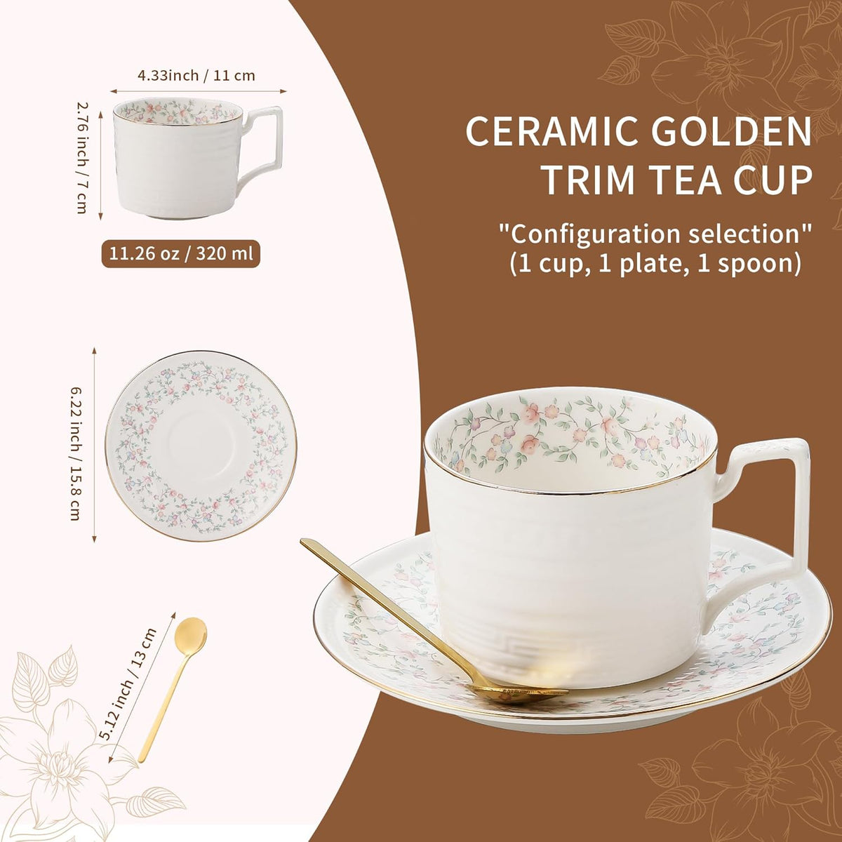 8.8 oz Cappuccino Cups with Saucers and Spoons,Embossed Bone China tea cups and Saucer Sets,3 Pieces, Vintage Style,Coffee Cup & Saucer Set For Women Wedding/Birthday/Christmas Gift