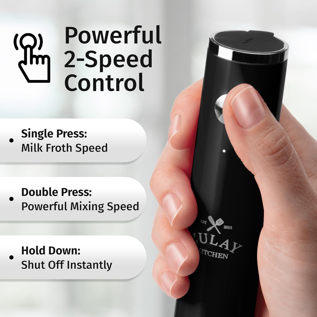 Zulay Kitchen Lux Rechargeable Milk Frother Handheld - Powerful 2-Speed Motor, Fully Waterproof, 2000mAh Battery - Drink Mixer For Latte, Cappuccino, Matcha, Protein Powder - Black
