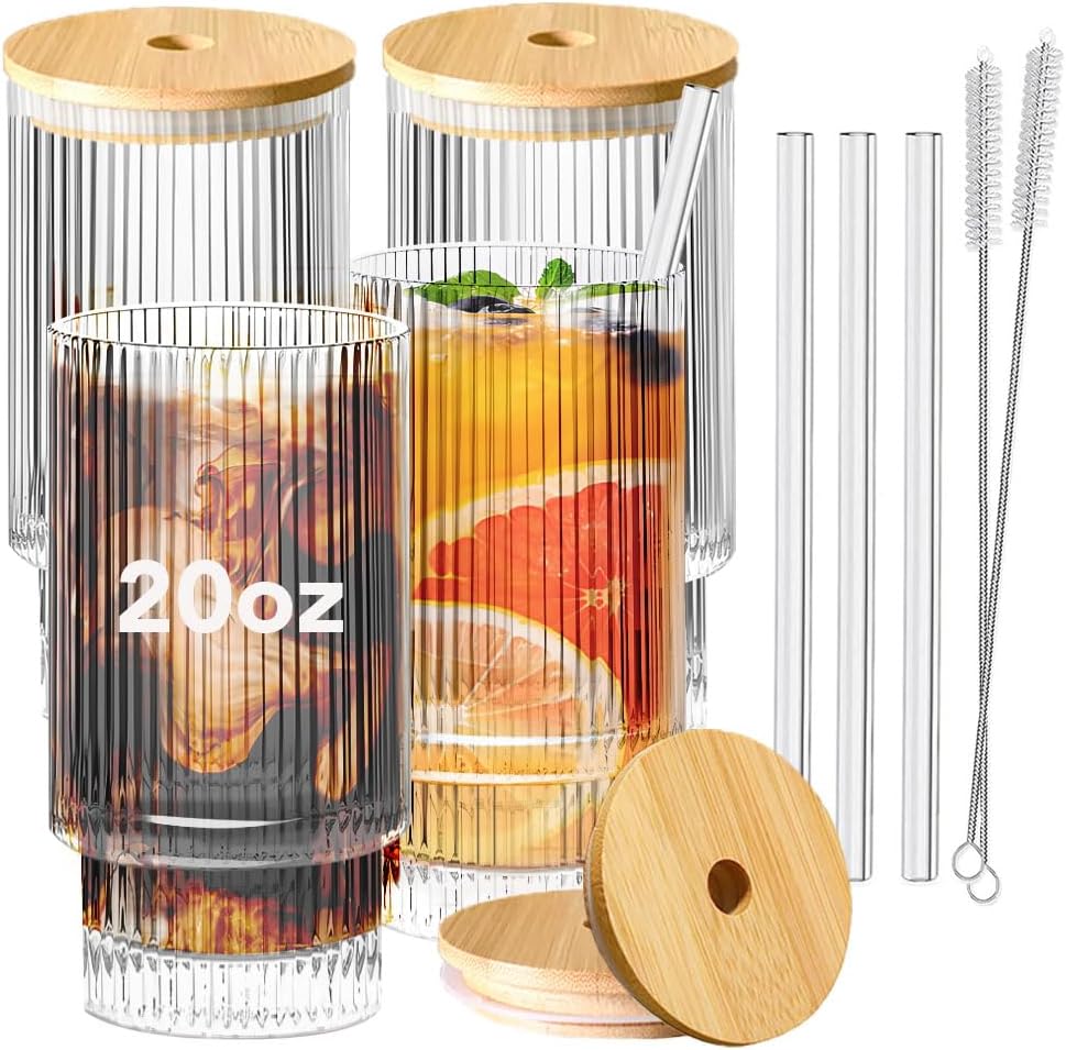 Ribbed Glassware Set of 4, 20oz Origami Style Drinking Glass Cup with Lid and Straw, Iced Coffee, Cocktail, Beer, Juice Stackable Drinking Glasses, Perfect for indoor and outdoor use