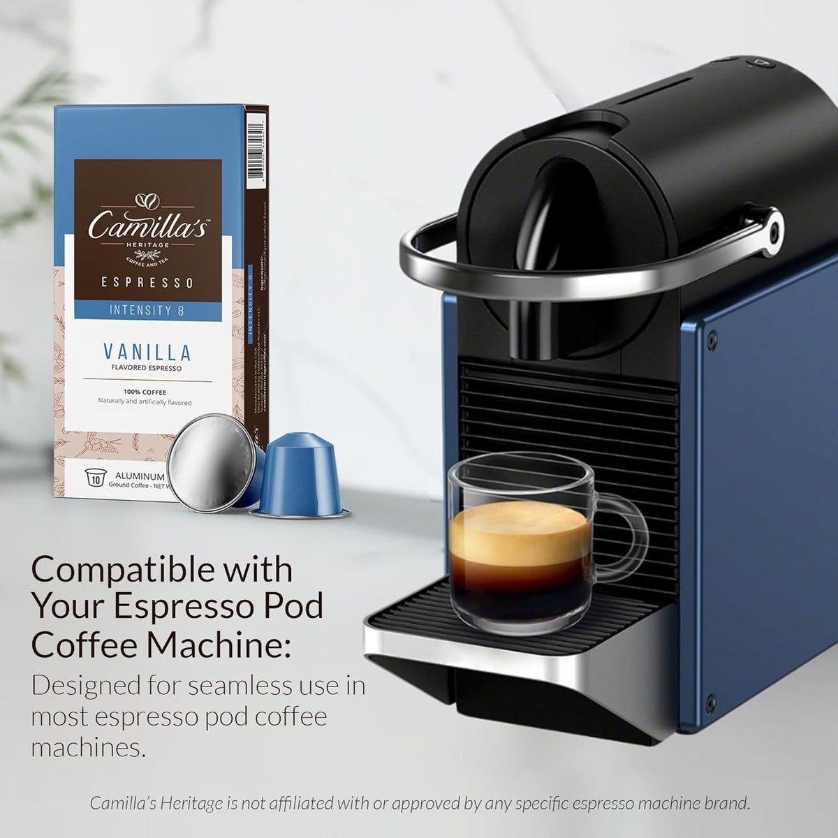 Camilla’s Heritage - Intensity 8 Vanilla Flavored Espresso Coffee, Gourmet Espresso Cups, 60 Coffee Pods