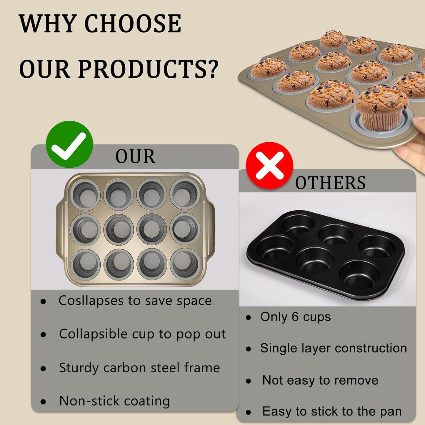 Nonstick Silicone Muffin Pan with Metal Frame – 12-Cup Easy-Release Cupcake & Egg Bite Mold for Baking, Oven-Safe & Non-Toxic Bakeware