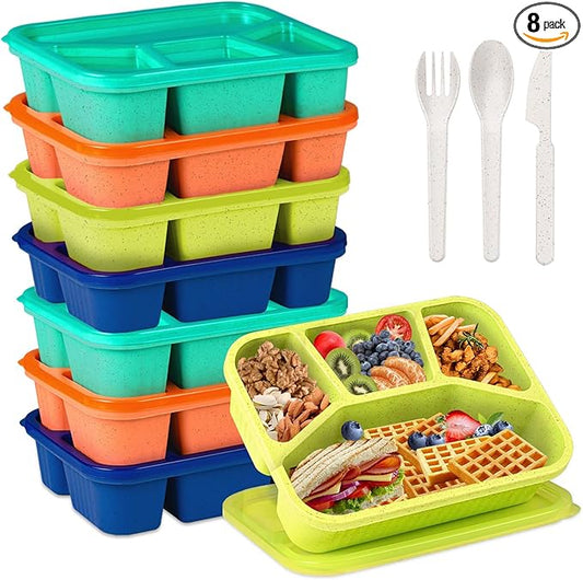 8 Pack Bento Box Lunch Box Container for Adult Kid, 4 Compartment Meal Prep Containers with Lids, Reusable Bento Box Snack Container, Microwave & Dishwasher Safe