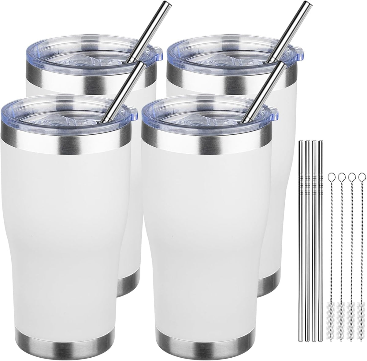 MEZMUT 20oz Coffee Tumbler with Lid and Straw Double Wall Vacuum Insulated Cup Stainless Steel Travel Mugs Insulated for Hot Cold Leakproof Powder Coated Tumbler for Indoor Outdoor(White, 4)