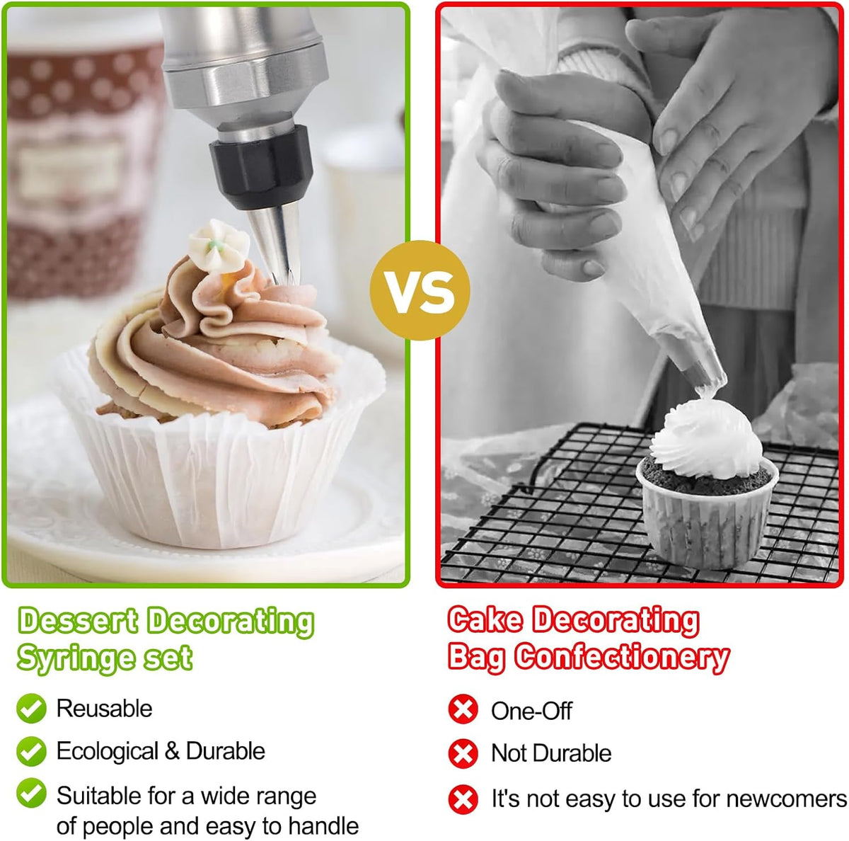 Cake Decorating Kit with 6 Stainless Steel Piping Tips, Frosting Gun & 8 Silicone Cups – Baking Supplies for Cake, Cupcake, Cookie Decorating – Piping Bags and Tips Set for Beginners & Bakers