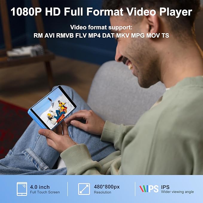 80GB MP3 Player with Bluetooth and WiFi,4-inch Touch Screen MP3 Player with Bluetooth, Spotify, Amazon Music, Audible, Spotify Kids, Pandora, M503Pro Andriod MP4 & MP3 Music Player up to 1TB Blue