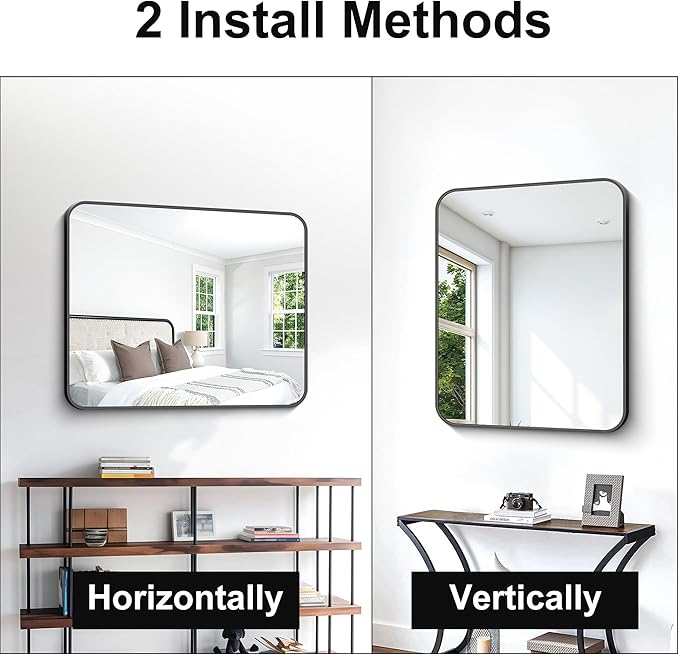 30x36 inch Bathroom Mirror,Black Rectangle Mirror,Wall Mounted Bathroom Frame Vanity Mirror with Round Corner for Bedroom Living Room, Entryway Hangs Horizontal or Vertical